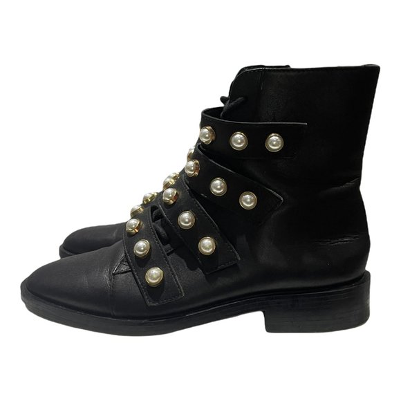 Zara Trafaluc Pearl Strap Lace Up Faux Leather Combat Ankle Boots Black … - Picture 4 of 14